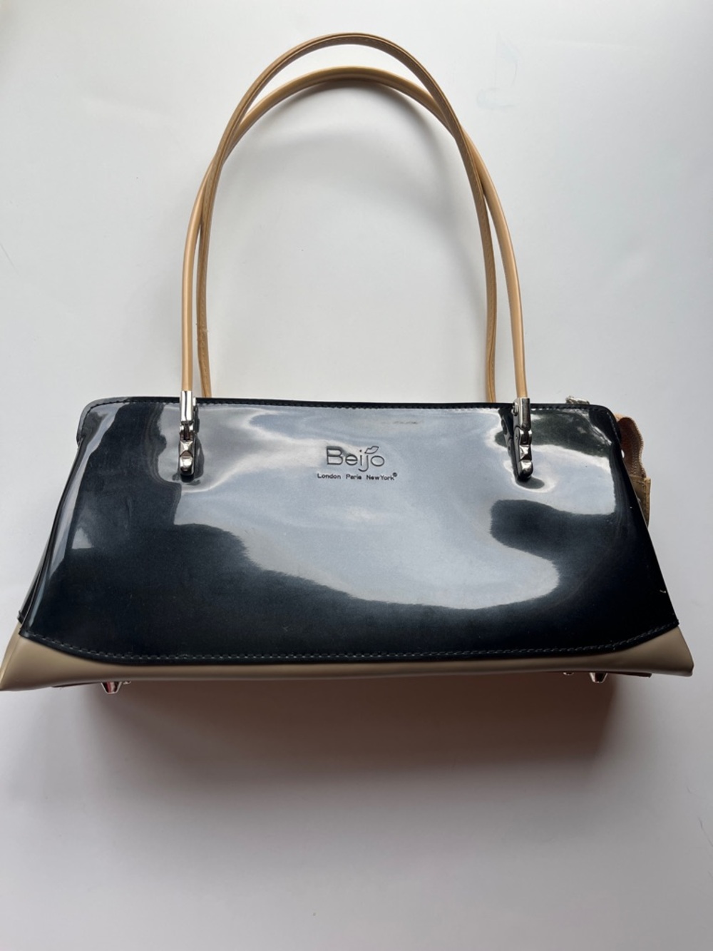 Beijo Glossy Black Patent Shoulder Bag with Tan Handles